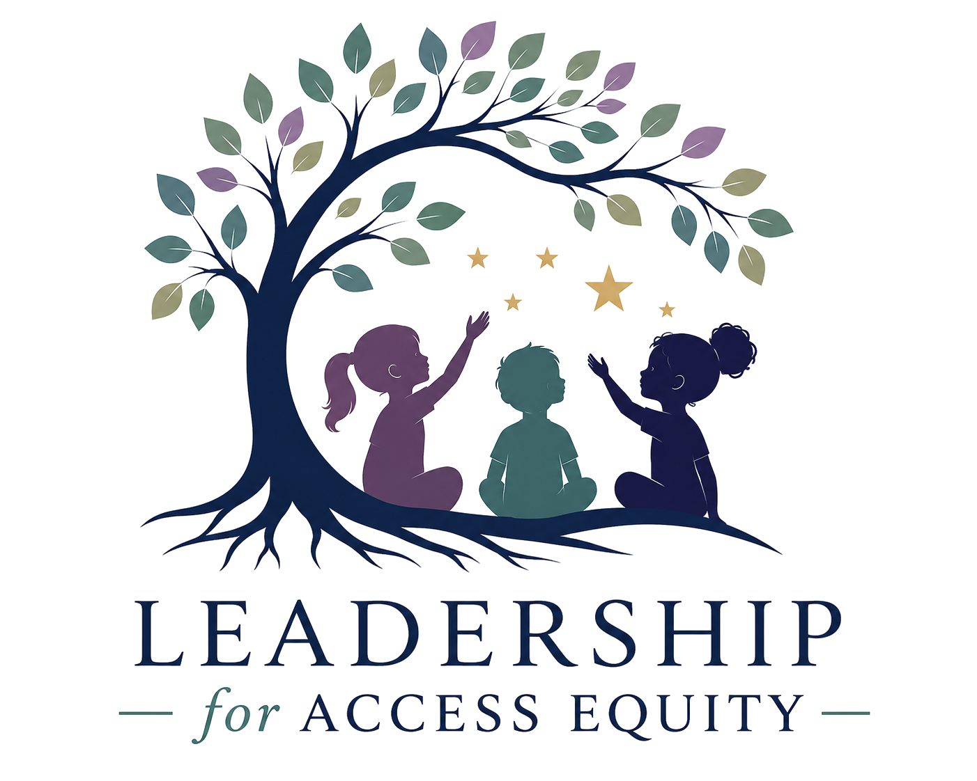 Leadership for Access Equity logo — tree sheltering three children reaching toward stars.