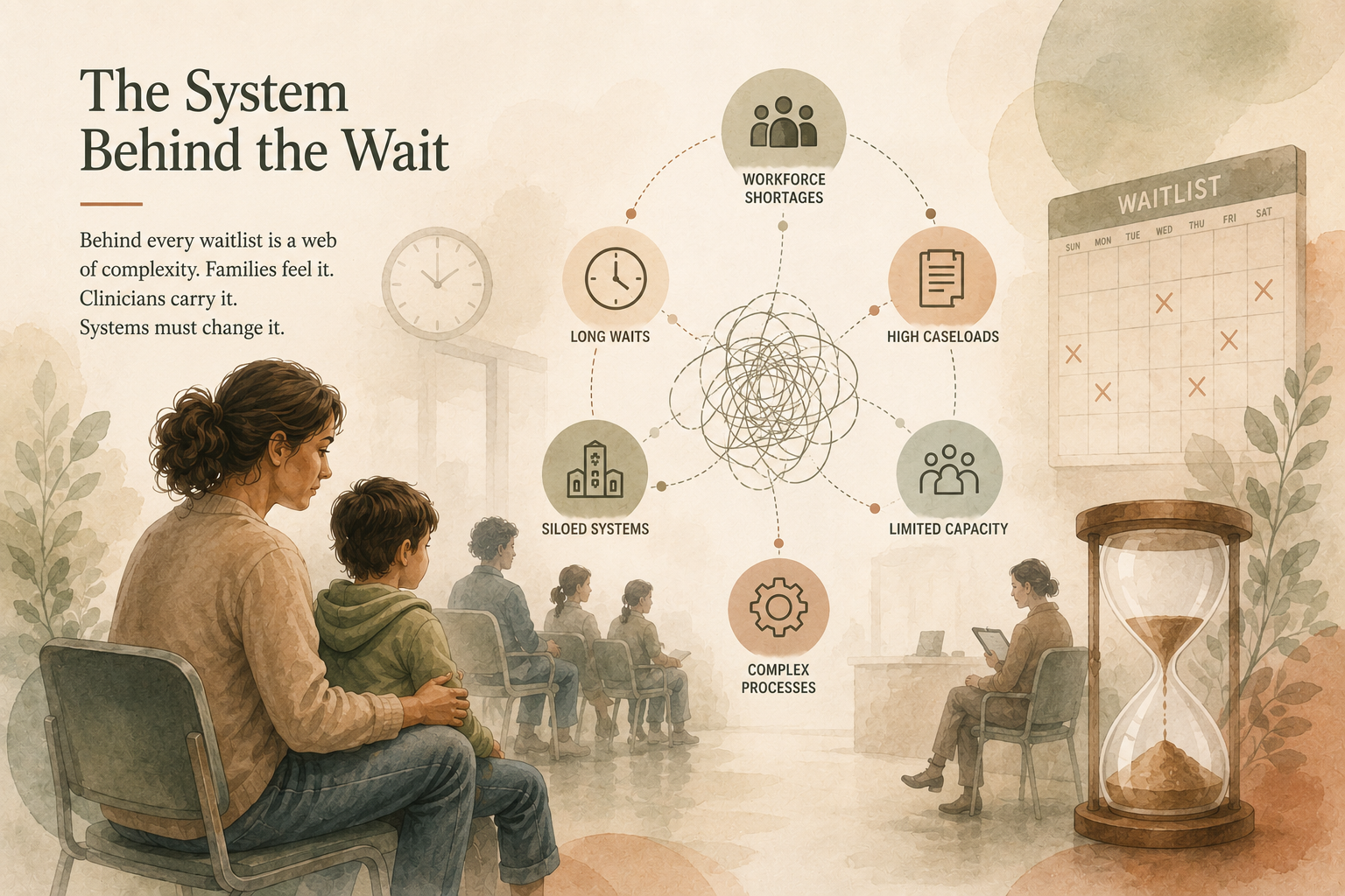 The System Behind the Wait — illustration showing a parent and child in a waiting room alongside an interconnected web of workforce shortages, long waits, high caseloads, siloed systems, limited capacity, and complex processes.