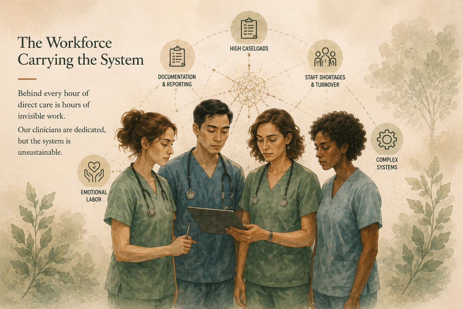 The workforce carrying the system — illustration of clinicians surrounded by the invisible work of documentation, high caseloads, staff shortages, complex systems, and emotional labor.